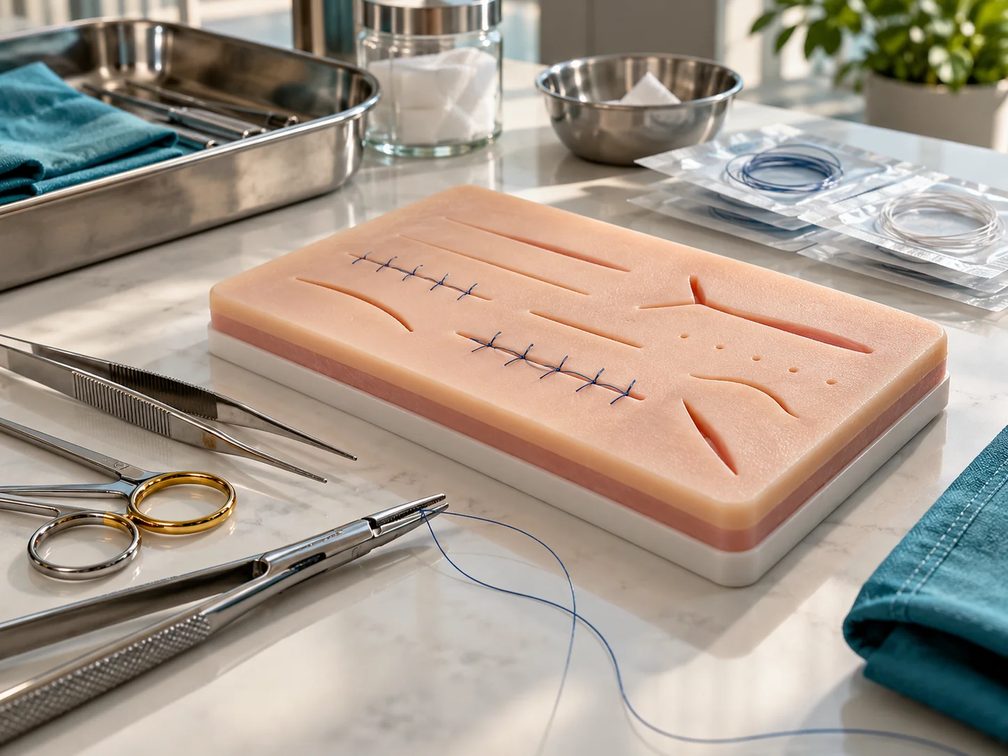 Almohadilla sintética de entrenamiento e instrumentos quirúrgicos sobre una mesa