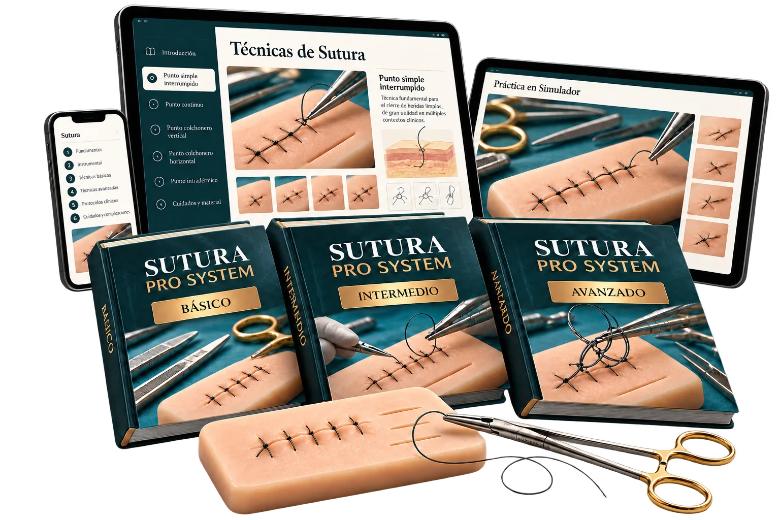 Presentación ilustrativa 3D de los manuales digitales Sutura Pro System